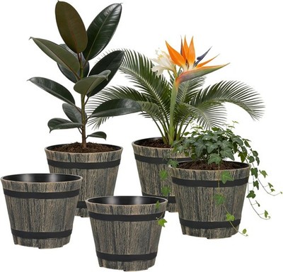 5 Pack 7 Inch Plastic Plant Pots, Whiskey Barrel Planters, Flower Pots for In...