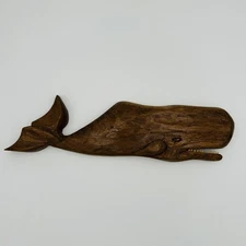 Vintage Folk Hand Carved Wooden Whale Wall Hanging Plaque Nautical Decor 12in