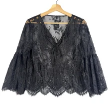 Elie Tahari Blouse Popover Shirt top nylon lace long sleeve Women's Size S black