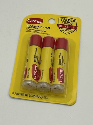 NEW Carmex Classic Lip Balm 3 sticks .15 oz each Medicated Sunscreen SPF 15