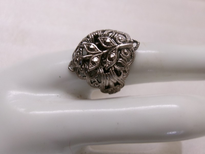 Vintage Germany Ring Filigree Ornate Silver Tone Faux Marcasite Adjustable