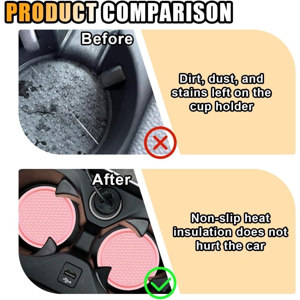 Honeycomb Non-Slip Car Cup Holder Coaster Set of 4 Pink Universal Insert Mat for