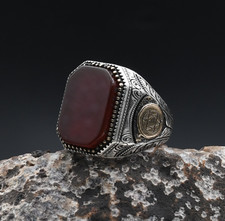 Agate Gemstone King Solomon Seal Handmade Men's 925 Sterling Silver Ring