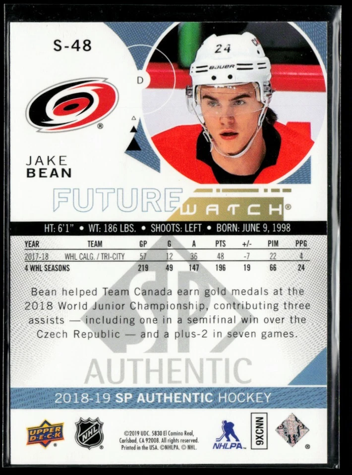 2018-19 SP Authentic Spectrum FX Gold #S-48 Jake Bean RC 02/50 - Image 2 of 2