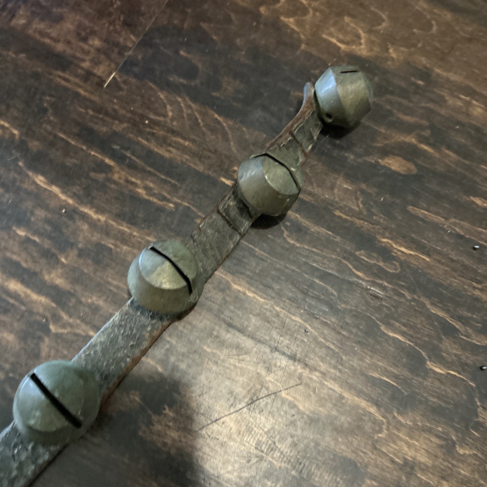 67” ANTIQUE BRASS SLEIGH BELLS ON LEATHER STRAP heavy 