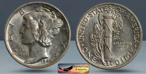 1942 Mercury Dime, Almost Uncirculated+, FSB, Full Split Bands, RRCA, C8352