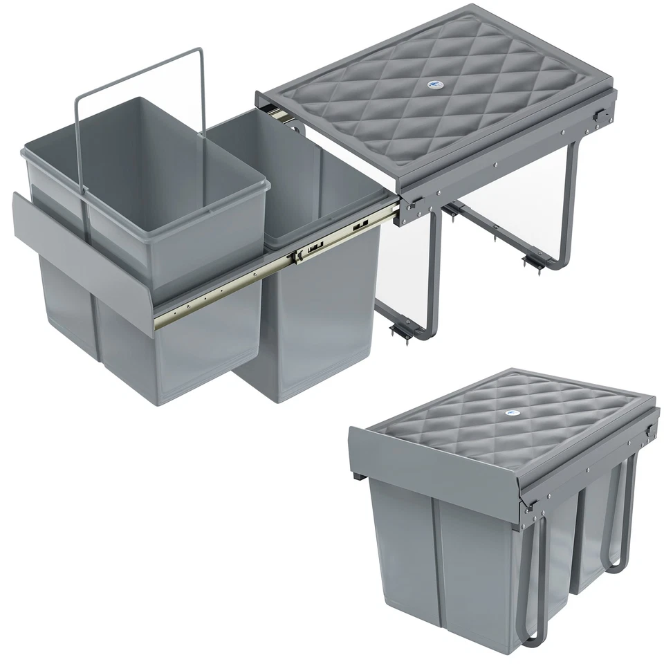 Küche Einbaumülleimer 2/3 Fächer Ausziehbar Mülleimer mit Teleskopschienen, Grau - Bild 3 von 4