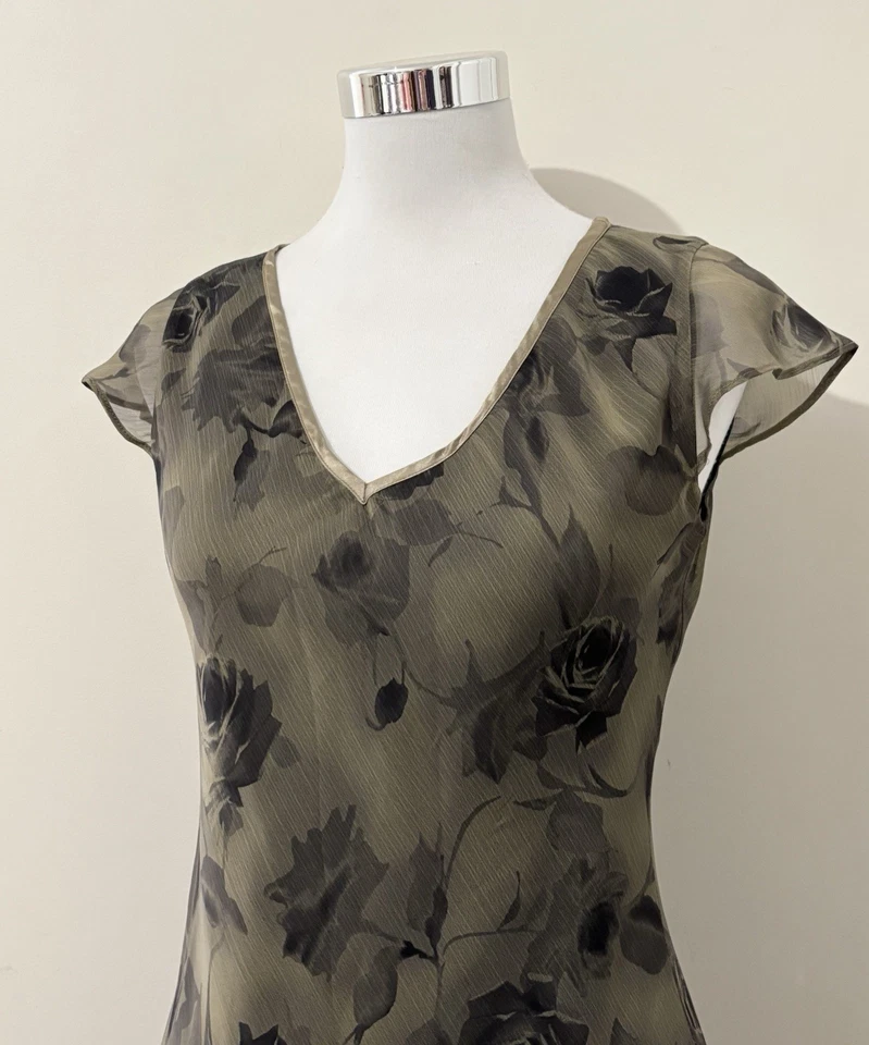 Vintage 90s Cue Mini Dress Size 10 Khaki Black Floral Roses Cap Sleeve Evening - image 2 of 4
