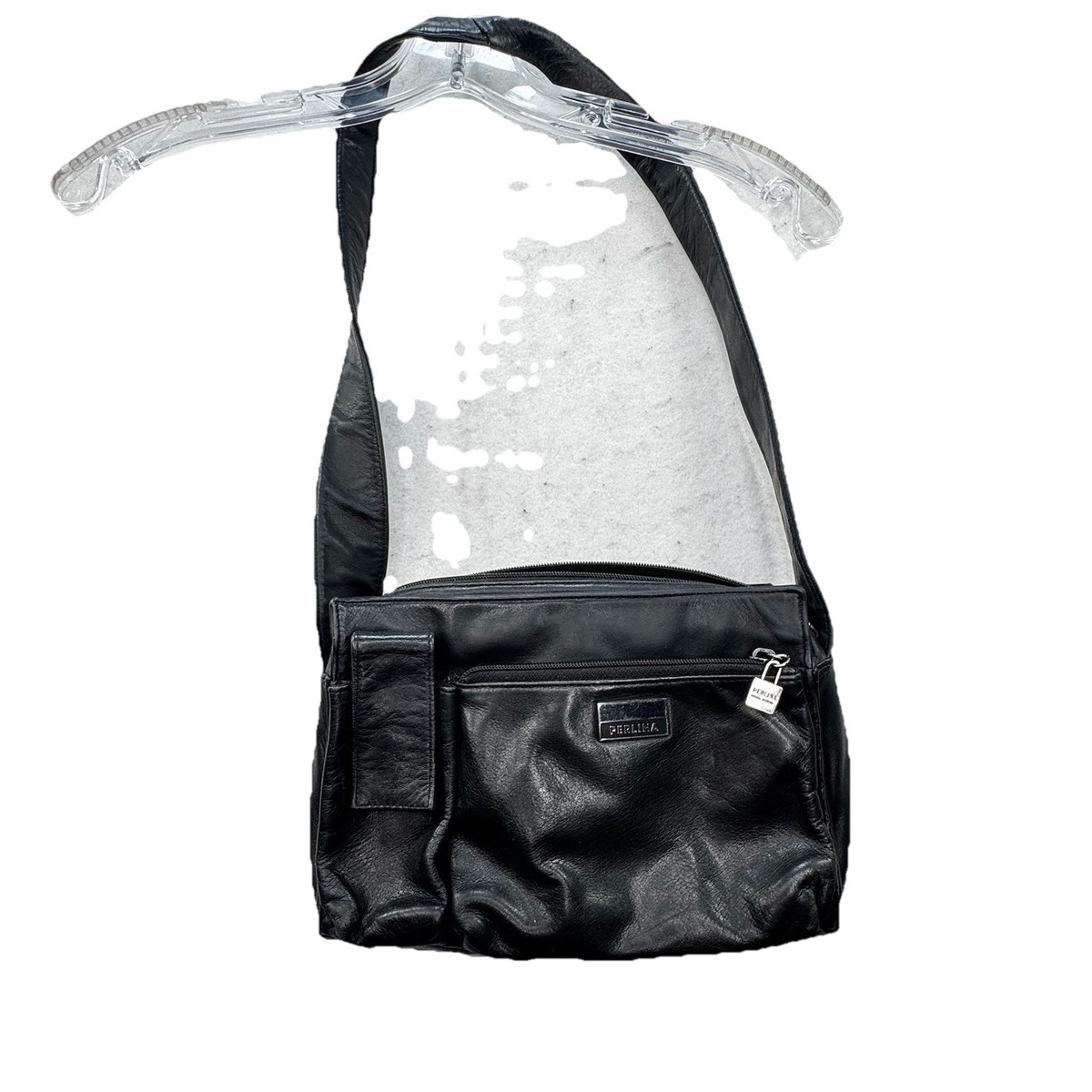 Vintage Perlina New York Black Leather Handbag Purse Zip Top  display picture 3