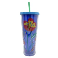 Starbucks Floral Poppy Flower Blue Venti Cold Cup Tumbler Acrylic 24oz W/ Straw