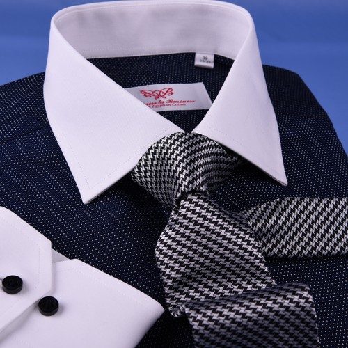 Dark Navy DOT With White Contrast Collar & Cuff For Formal Business Dress Shirt - Picture 10 of 12