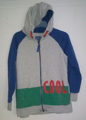Graue Kapuzen-Sweatjacke mit blauen Ärmeln und Schubtaschen Gr. 110/116