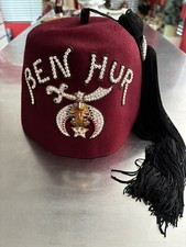 Vintage Ben Hur Shriners Masonic Mason Fez Hat w/ Rhinestone Jeweled Tassel Pin