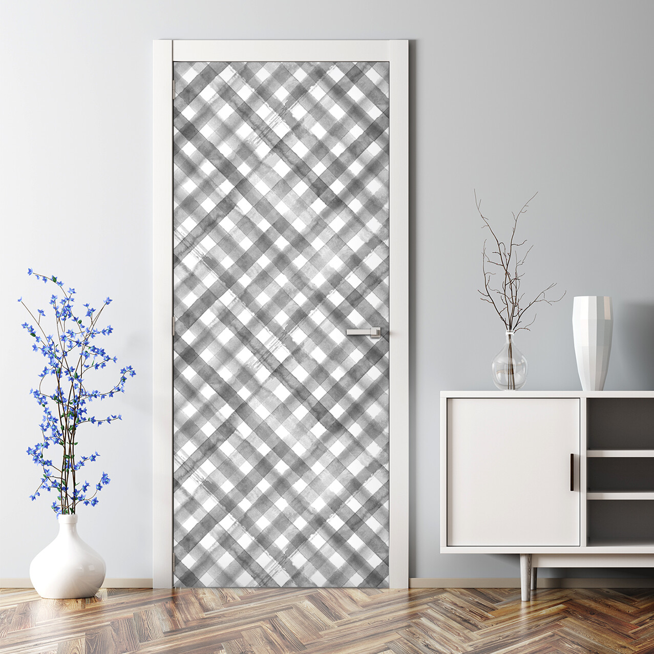 Grey Check Bubble Free Door sticker Geometric Decal Simple self-adhesive
