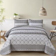 WONGS Grey Boho Quilt Set King, Bohemian Floral Striped Patchwork, Microfiber