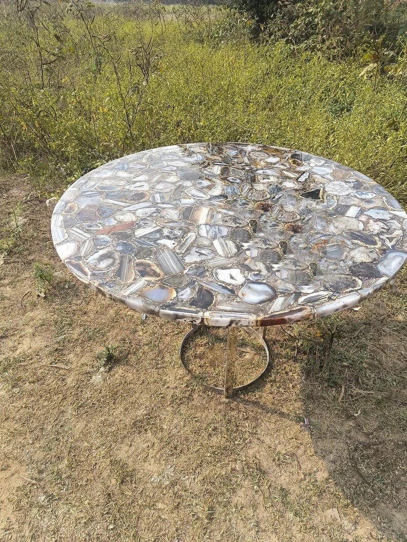 Natural Brown Agate Outdoor Round Table Top Semi Precious Geode Stone Handmade