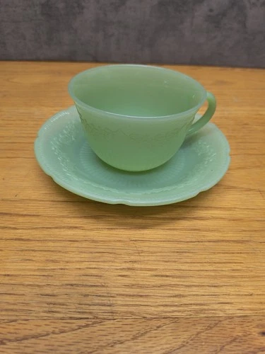 Vintage FIRE KING Glass Jadeite Tea Cup w/ Ribbed Saucer