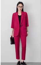 Tailleur Donna Elegante Blazer Manica 3/4 E Pantalone Rosa Rosso CF66900