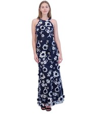 Eliza J Embroidered Floral Appliqué Halter Neck Gown Dress Color Navy MSRP $328