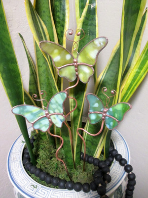 Stained Glass Butterfly Garden Stakes Stems (x3 Green Mottle) Suncatchers