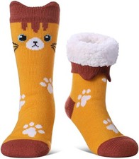 Cat Socks Fuzzy Slipper Socks for Women with Grippers, Cozy Warm 10-12 Orange