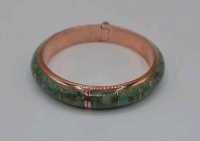 Vintage Jay King DTR Turquoise Inlay Copper Hinged Bangle Bracelet Desert Rose