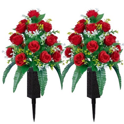 2 Sets of Artificial Cemetery Flowers， Outdoor Grave Decorations Roses，Accompani