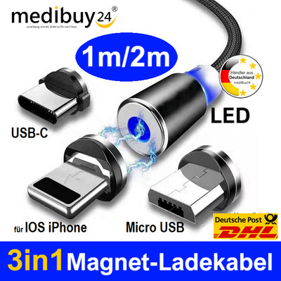 Magnet Schnellladekabel USB TYP C Micro USB IOS Huawei Xiaomi LG OPPO LED 1 2m
