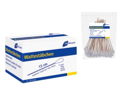 Wattestäbchen Holzgriff Unsteril großer Kopf 15 cm 500 Stück Q-Tips Meditrade