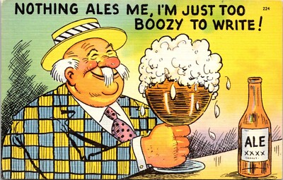 Postcard Drunk Humor Fat Man Drinking Beer Too Boozy To Write D23