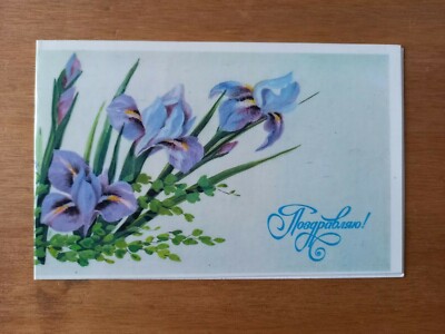 UdSSR Postkarte - Iris - Grüße - Blumen - gefaltet