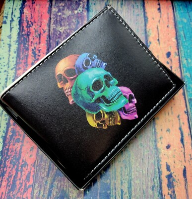 Five Skull Wallet Bi-Fold 2 sided  Printed faux leather in gift box Multicolored