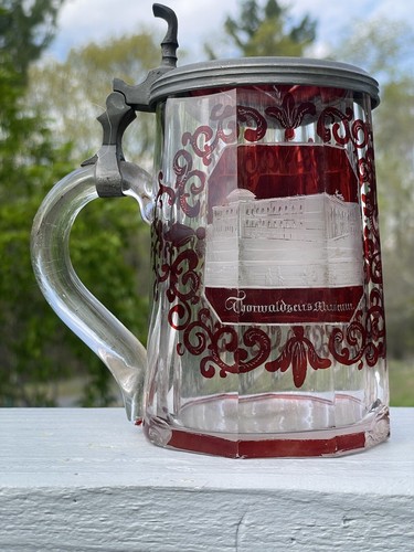 Antique Ruby Red Cut to Clear Glass Beer Stein Germany Bohemian Rosenborg Castle - Picture 18 of 24