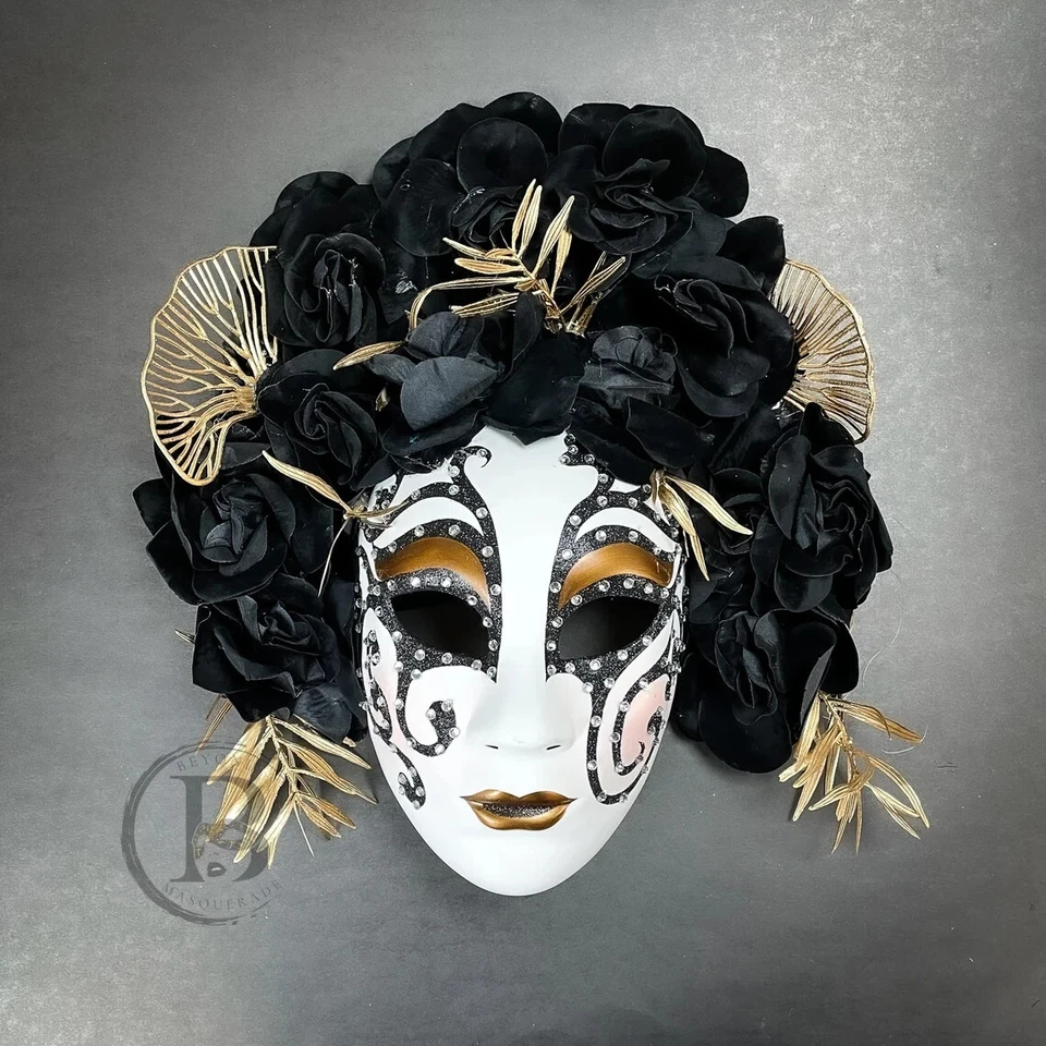 Day of the Dead Dia de los Muertos Full Face Masquerade Mask with Black Flowers - Image 2 of 3