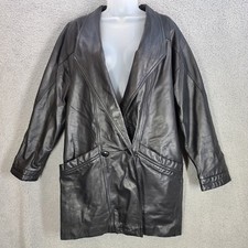 Vtg 80's Womens Fitz-wright Coat Black Leather Jacket Pockets Mid Length Small