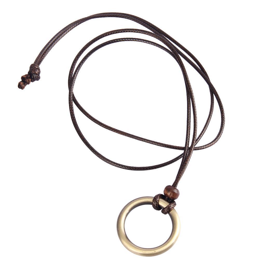 Simple Classic Wax Cord Braided Metal Ring Pendant Necklace