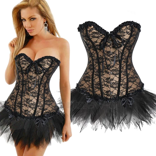 Ladies Lace Strapless Up Burlesque Corset Fancy Dress Costume Overbust Top&Tutu - Picture 30 of 31