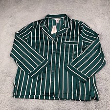 Victorias Secret Pajama Shirt Womens L Green Striped Satin Button Up NEW NWT