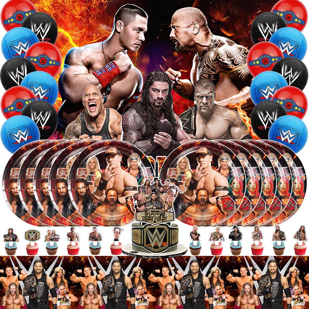 wwe-party-supplies-birthday-decor-set-plates-balloon-cake-toppers-banner-5x3ft-ebay