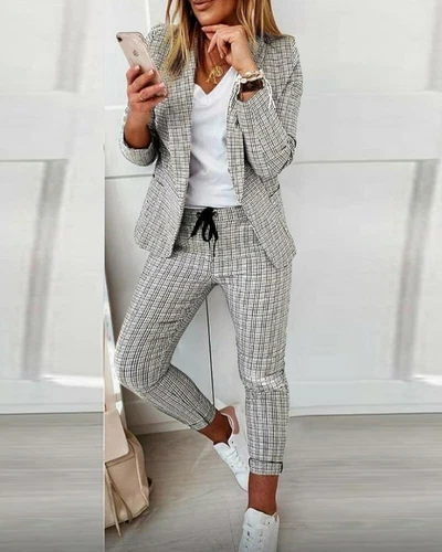 Conjunto de traje para mujer elegante trabajo de negocios 2 piezas trajes frente abierto blazer y pantalones - Imagen 3 de 14