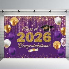 7x5ft Class of 2026 Party Backdrop, Purple and Gold Congrats Grad Backdrop Congr