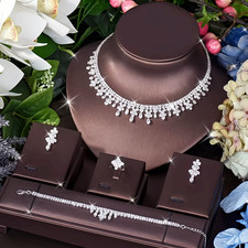 Nigeria White Gold 4PCS Necklace Earrings Set CZ Bridal Wedding Jewelry Bijoux