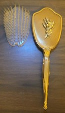 Vintage 1950s Vanity Dresser Floral Hair Brush 10" Brass Gold Nylon Bristles