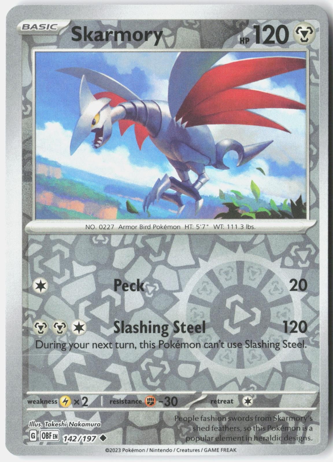 SKARMORY 142/197 UNCOMMON OBSIDIAN FLAMES POKEMON REVERSE HOLO NM
