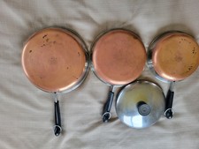 Vintage Revere Ware 1801 Copper Bottom Skillet Pan Set of 3 and 1 Lid Lot USA