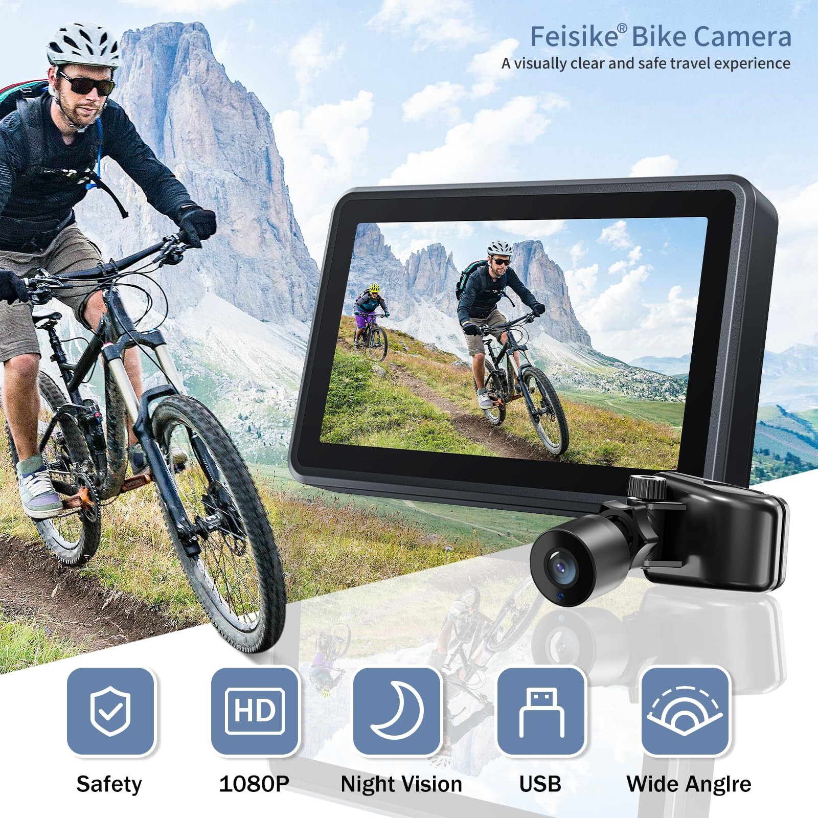 Handlebar Bike Mirror, Bicycle Rear View Camera with 4.3'' HD Night Vision