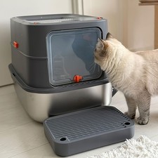Jumbo Hooded Cat Litter Box Stainless Steel Large Top Exit Pet Toilet Easy Clean