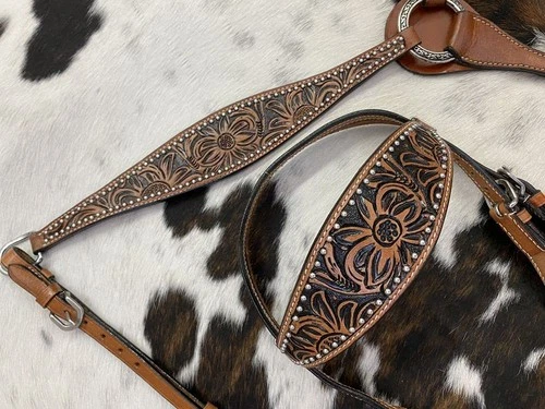 Showman Floral Tooled Leather Browband Headstall & Breast Collar - Thumbnail 3