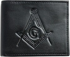 Masonic Leather Wallet RFID Blocking Bifold - Black Embossed Square  Compass
