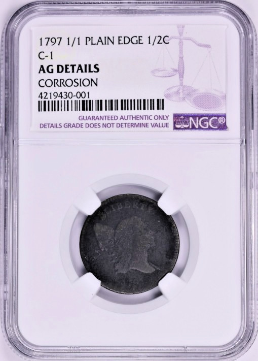 1797 Liberty Cap Half Cent 1 Above 1, Plain Edge NGC AG Details